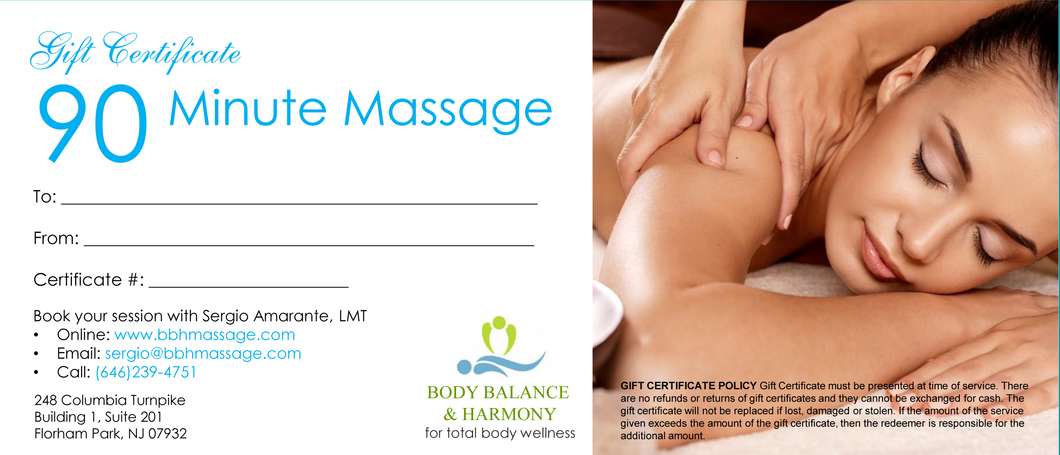 90 Minute Massage Gift Certificate